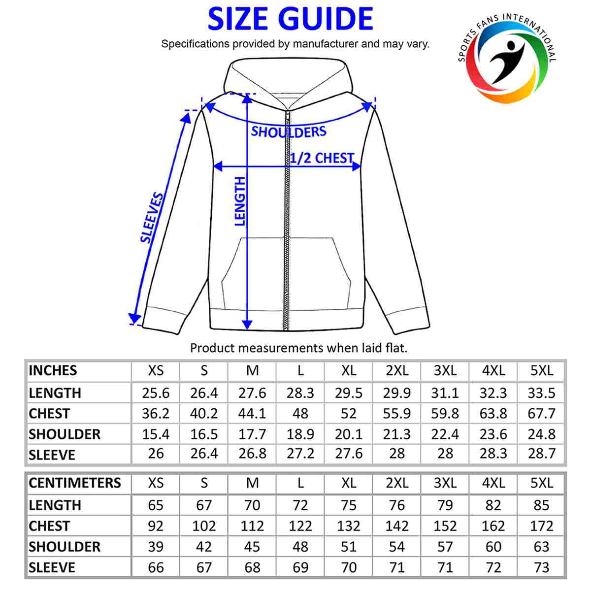 Afghanistan Football Zip Hoodie Size Guide