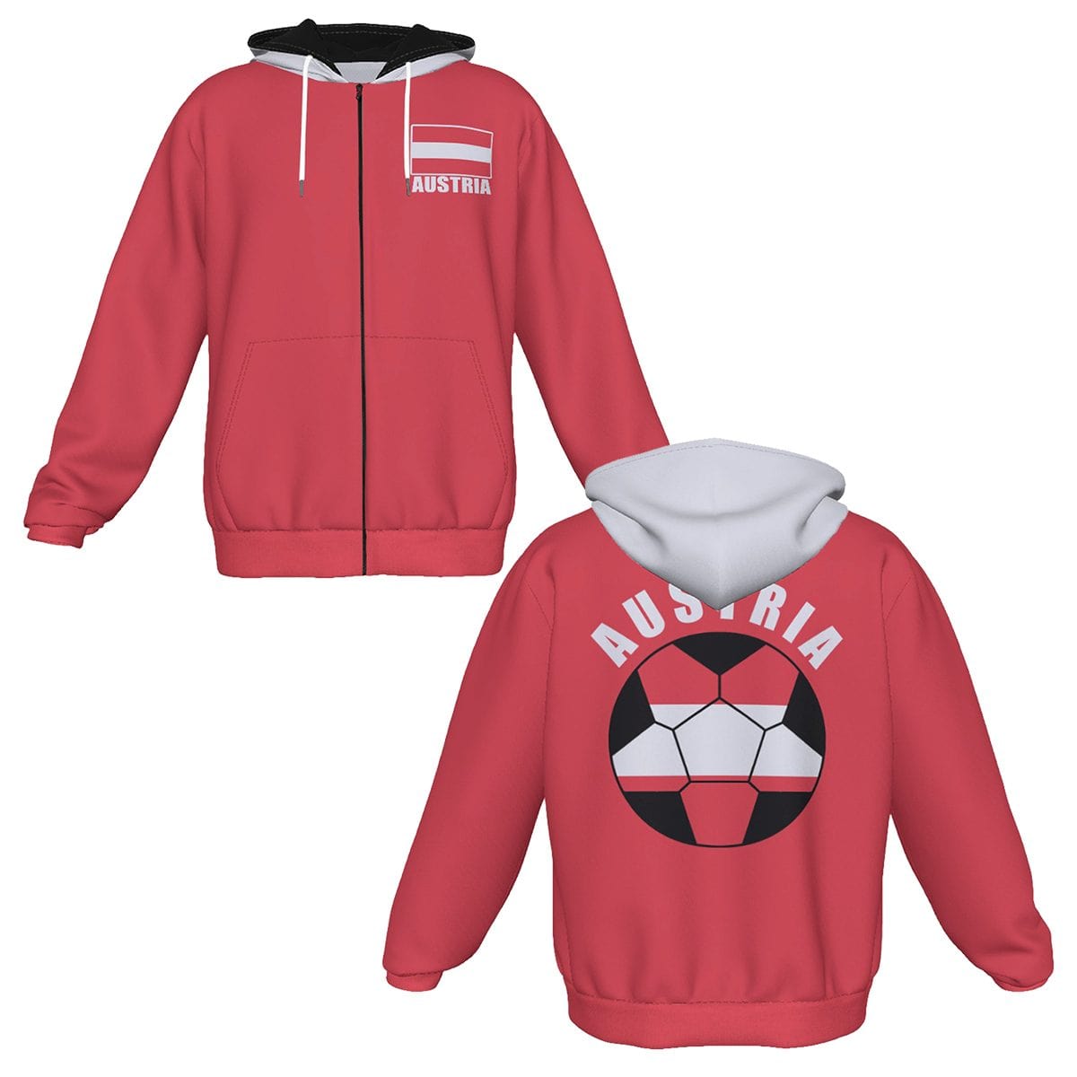 Austria Unisex Football Fan Zip Hoodie Front and Back