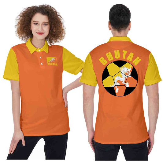 Bhutan Unisex Football Fan Polo Shirt Front and Back