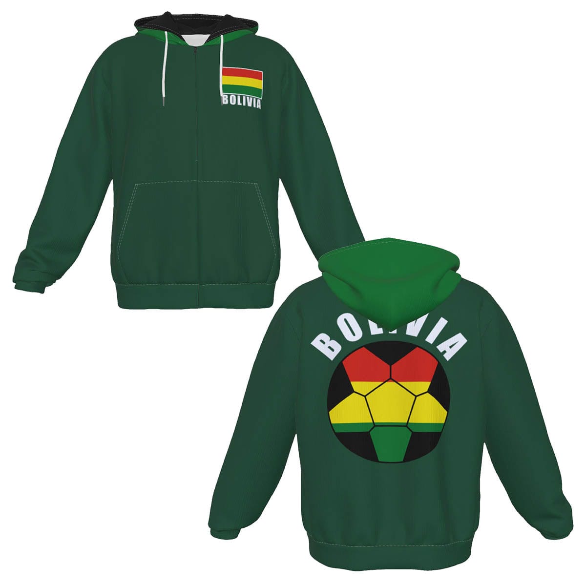 Bolivia Unisex Football Fan Zip Hoodie Front and Back