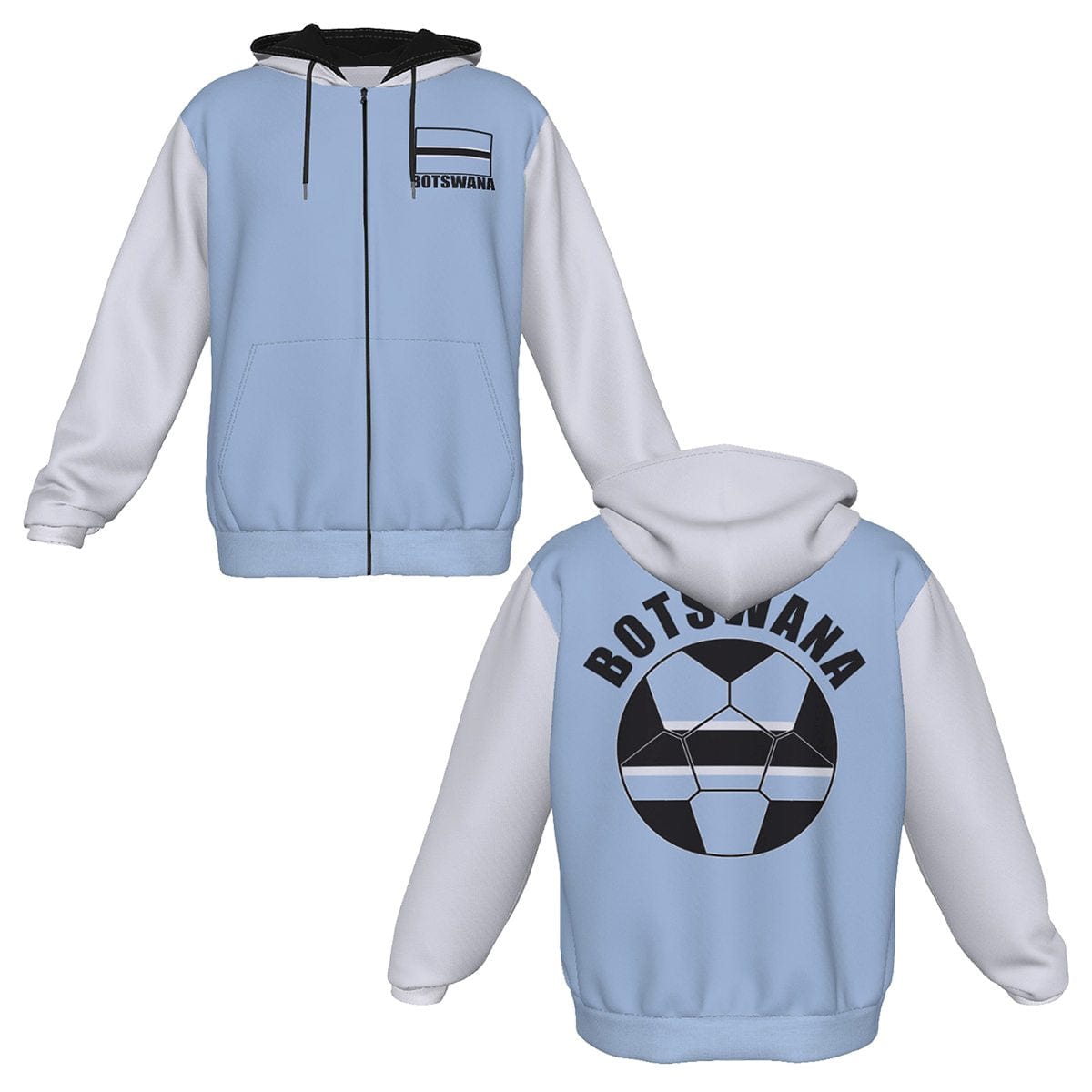 Botswana Unisex Football Fan Zip Hoodie Front and Back