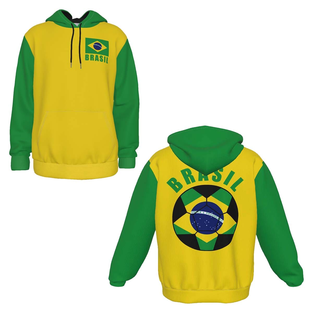 Brasil Unisex Football Fan Pullover Hoodie Front and Back