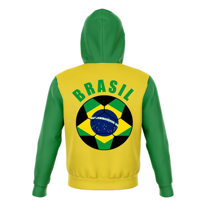 Brasil Unisex Football Fan Zip Hoodie Back with Hood Up