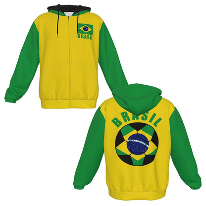 Brasil Unisex Football Fan Zip Hoodie Front and Back