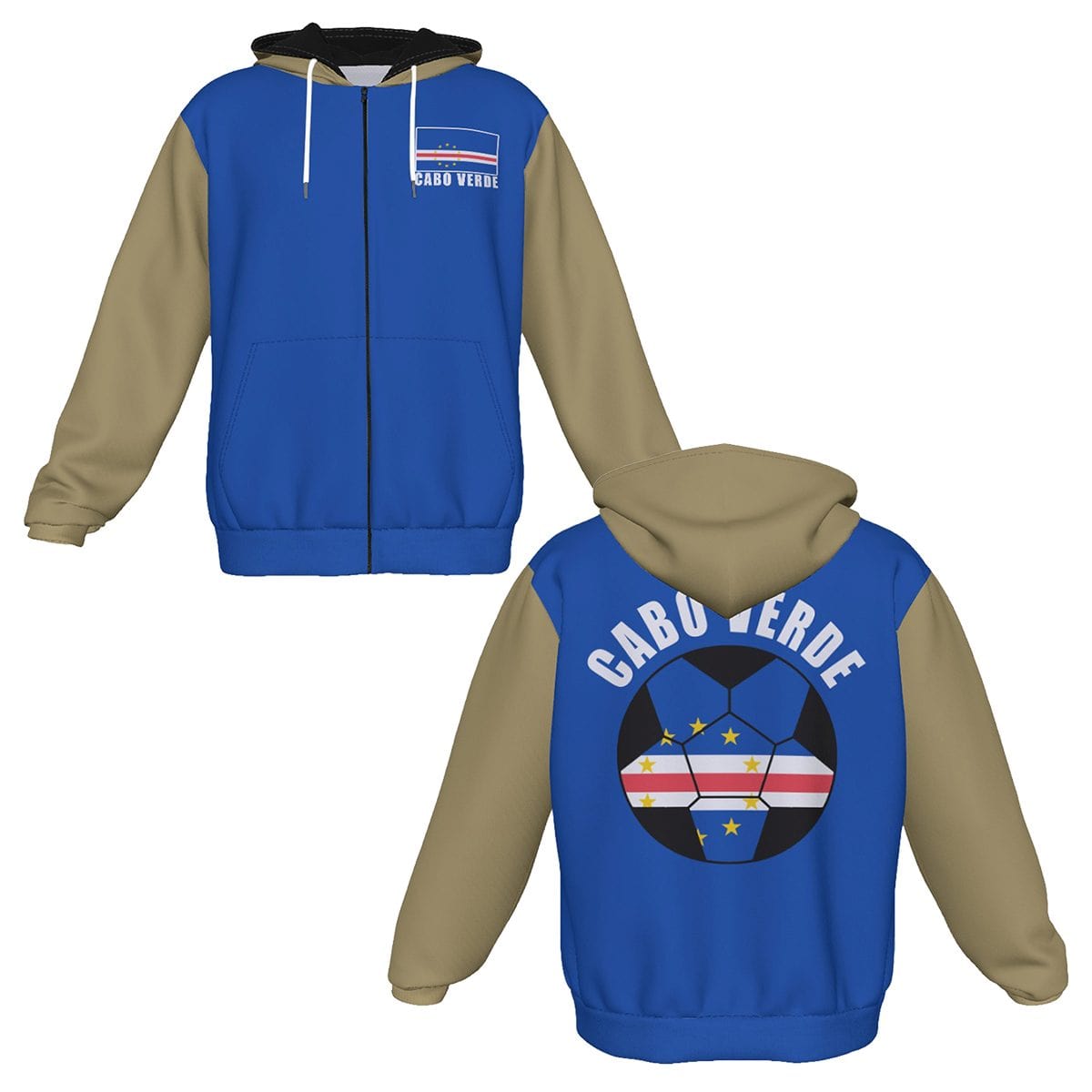 Cabo Verde (Cape Verde) Unisex Football Fan Zip Hoodie Front and Back