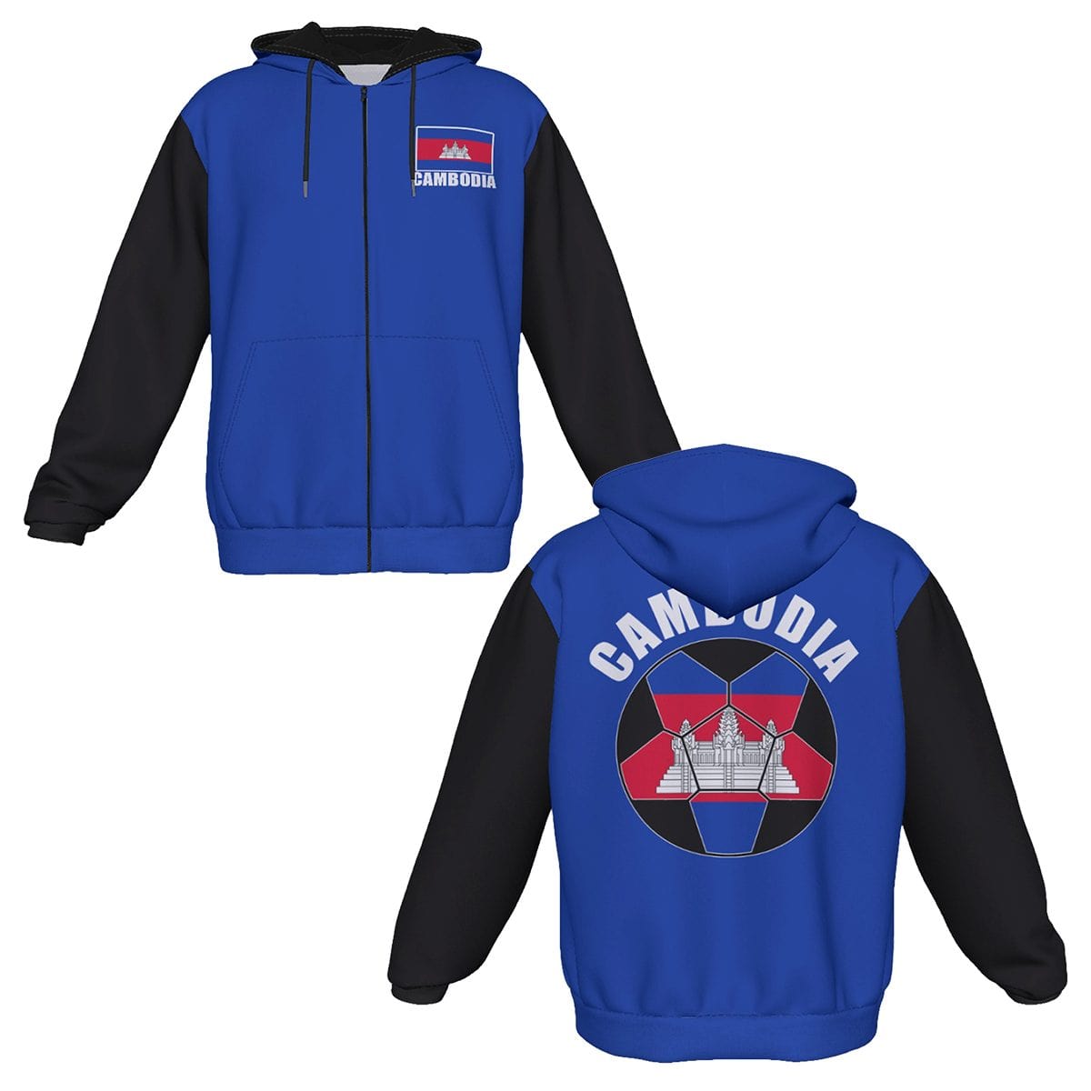 Cambodia Unisex Football Fan Zip Hoodie Front and Back