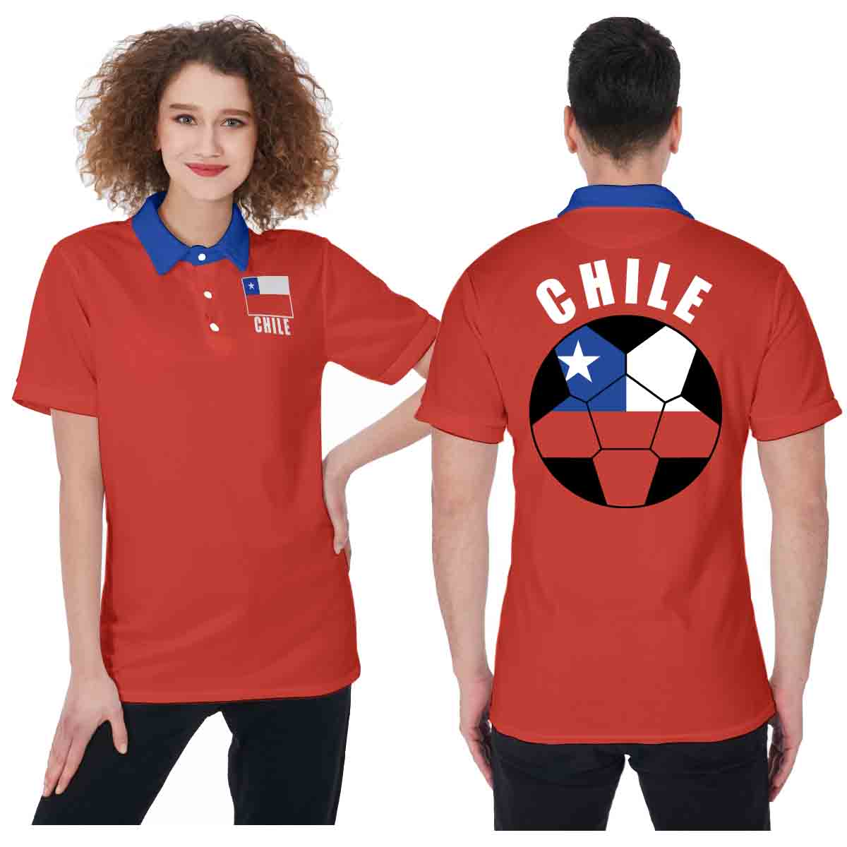 Chile Unisex Football Fan Polo Shirt Front and Back