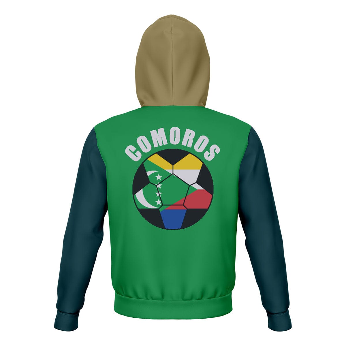 Comoros Unisex Football Fan Zip Hoodie Back with Hood Up