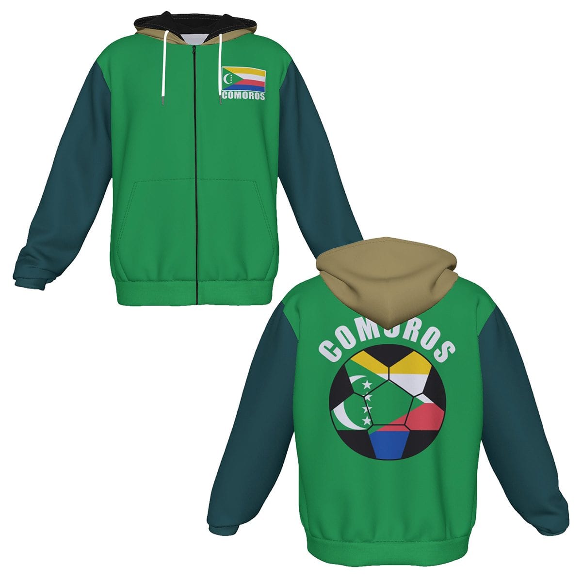 Comoros Unisex Football Fan Zip Hoodie Front and Back