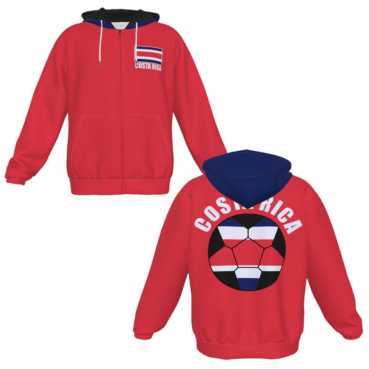 Costa Rica Unisex Football Fan Zip Hoodie Front and Back