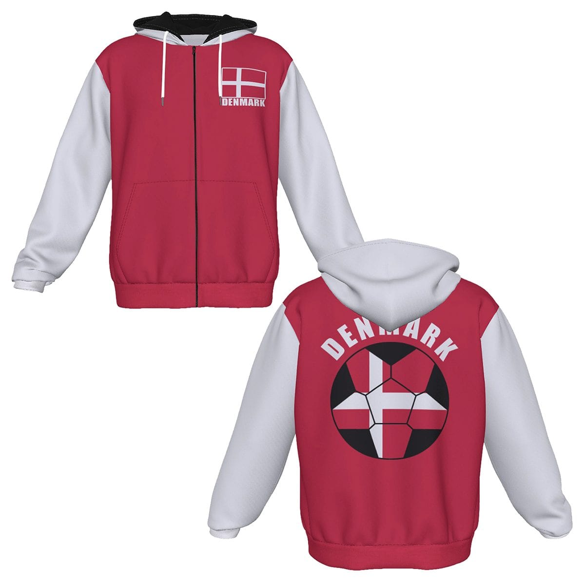 Denmark Unisex Football Fan Zip Hoodie Front and Back