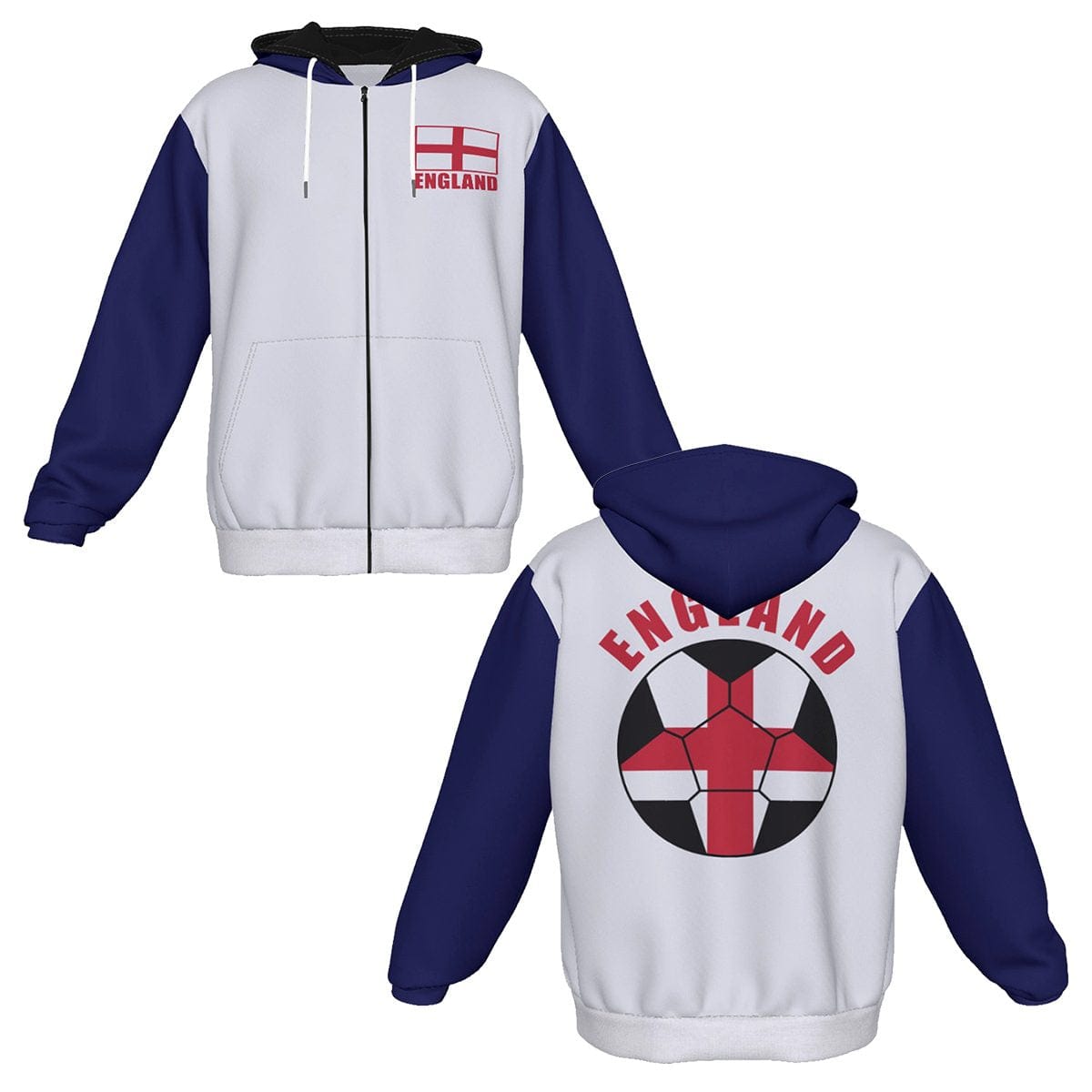 England Unisex Football Fan Zip Hoodie Front and Back