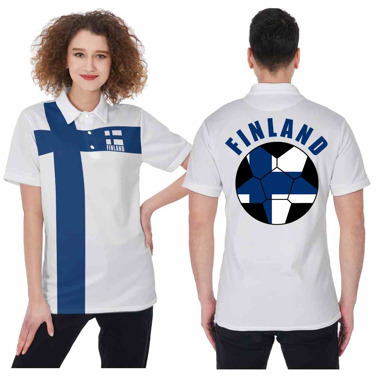 Finland Unisex Football Fan Polo Shirt Front and Back