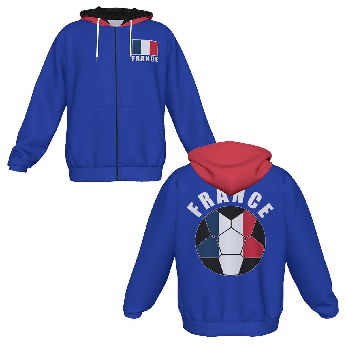 France Unisex Football Fan Zip Hoodie Front and Back