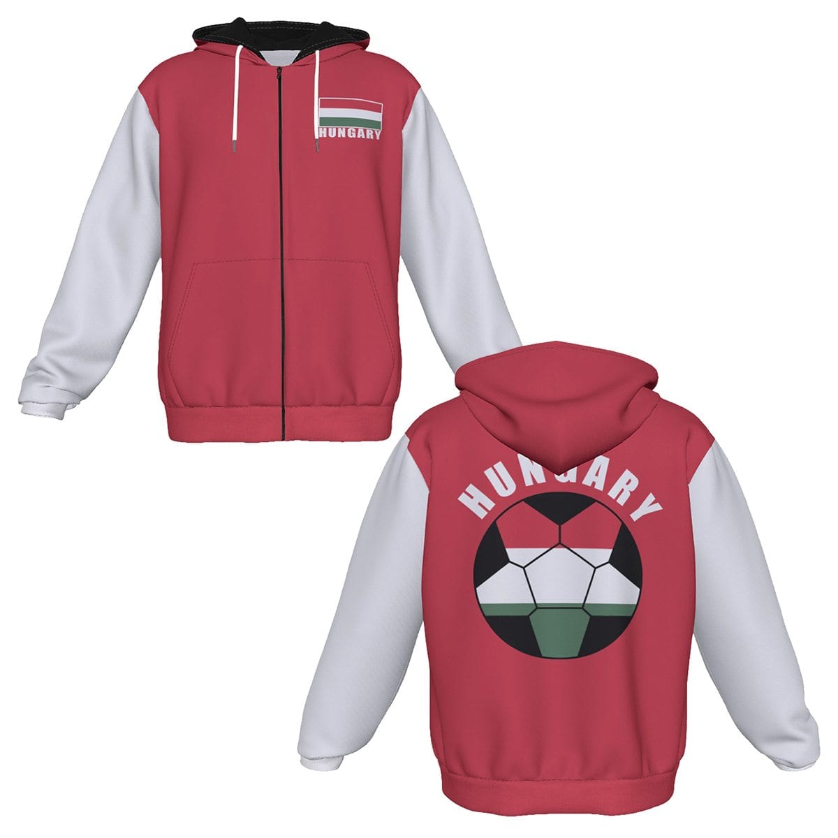 Hungary Unisex Football Fan Zip Hoodie Front and Back