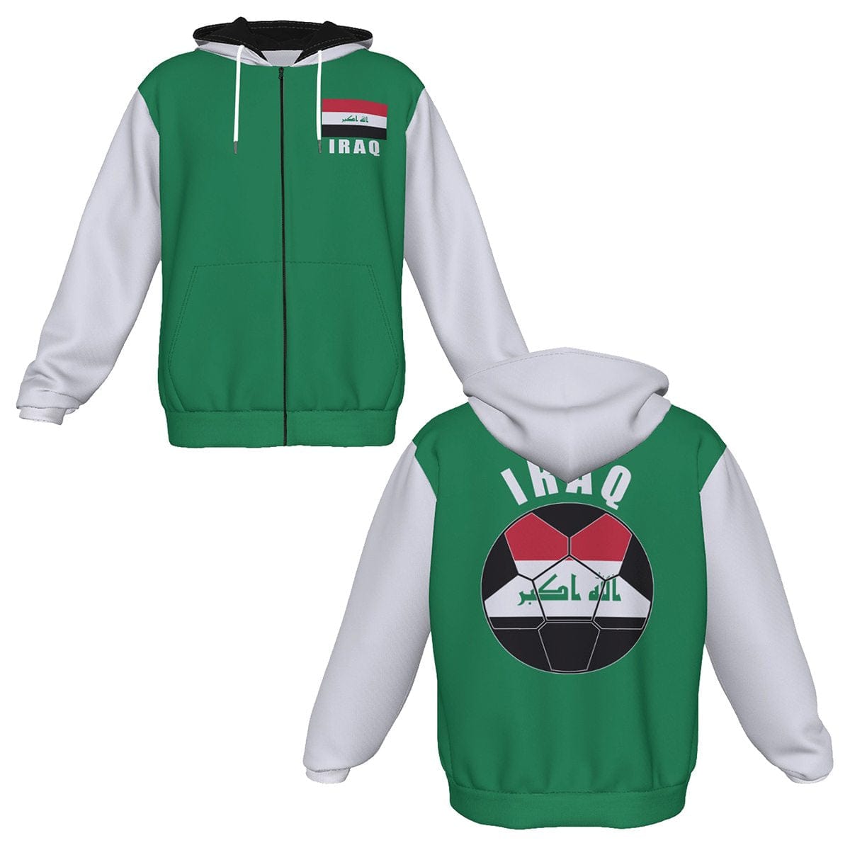 Iraq Unisex Football Fan Zip Hoodie Front and Back