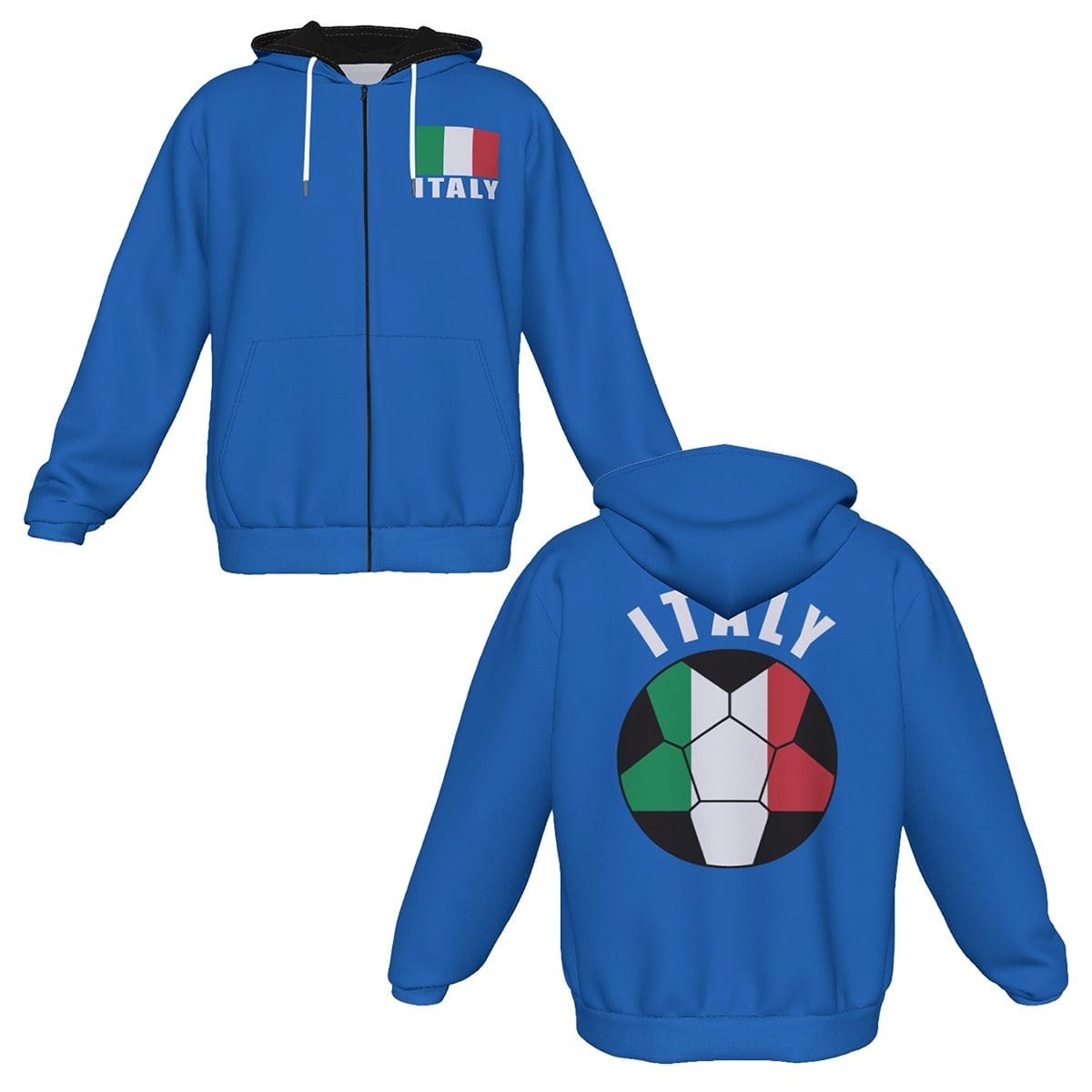 Italy Unisex Football Fan Zip Hoodie Front and Back