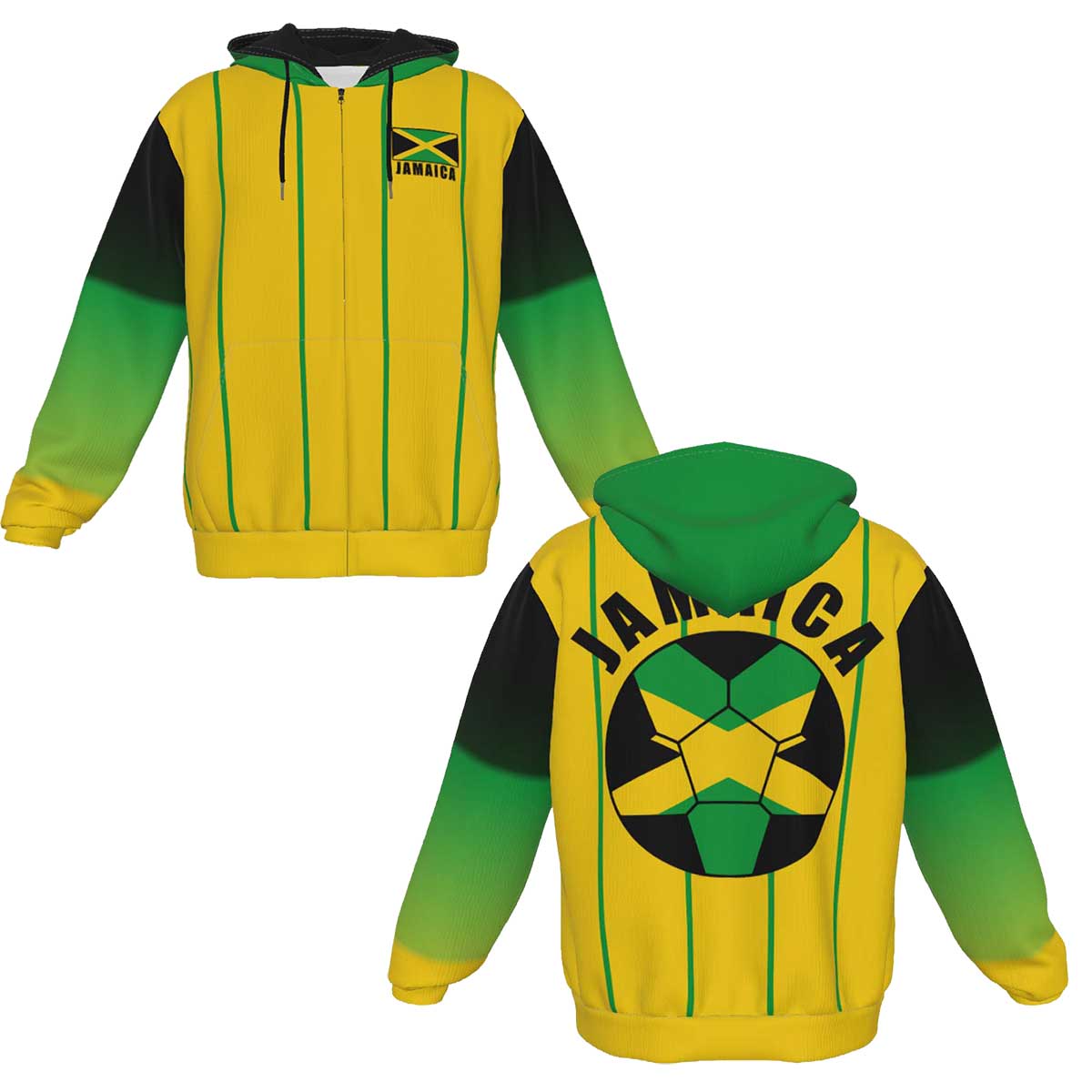 Jamaica Unisex Football Fan Zip Hoodie Front and Back