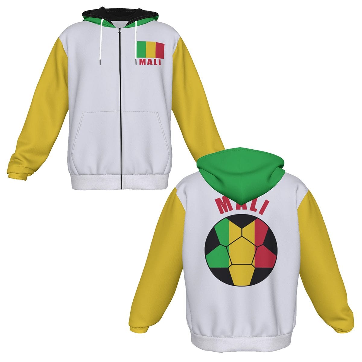 Mali Unisex Football Fan Zip Hoodie Front and Back