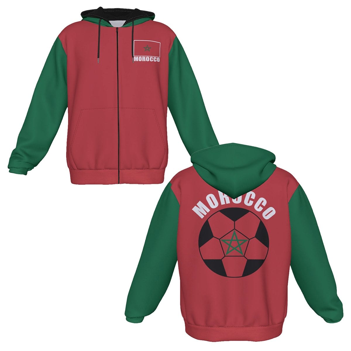 Morocco Unisex Football Fan Zip Hoodie Front and Back