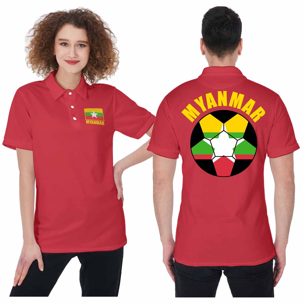 Myanmar (Burma) Unisex Football Fan Polo Shirt Front and Back