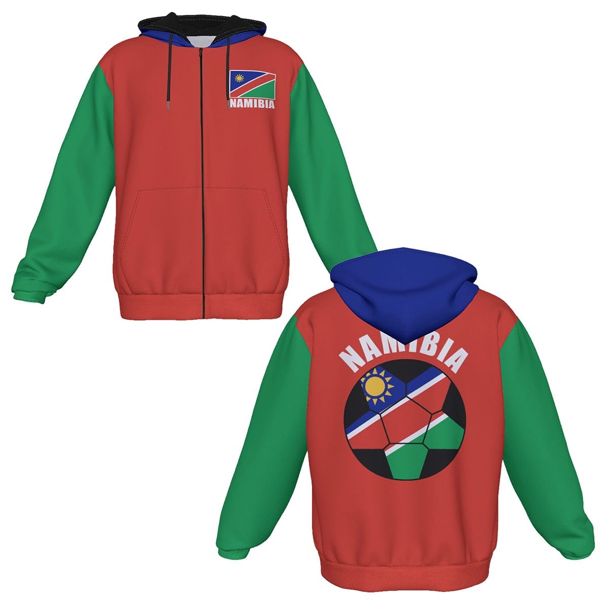 Namibia Unisex Football Fan Zip Hoodie Front and Back