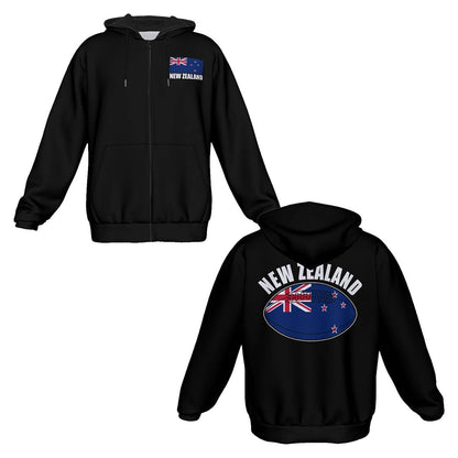 New Zealand Unisex Rugby Fan Zip Hoodie Front and Back