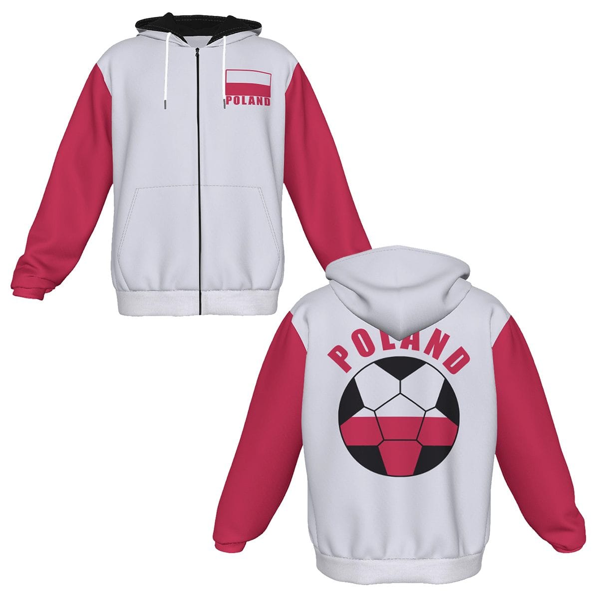 Poland Unisex Football Fan Zip Hoodie Front and Back