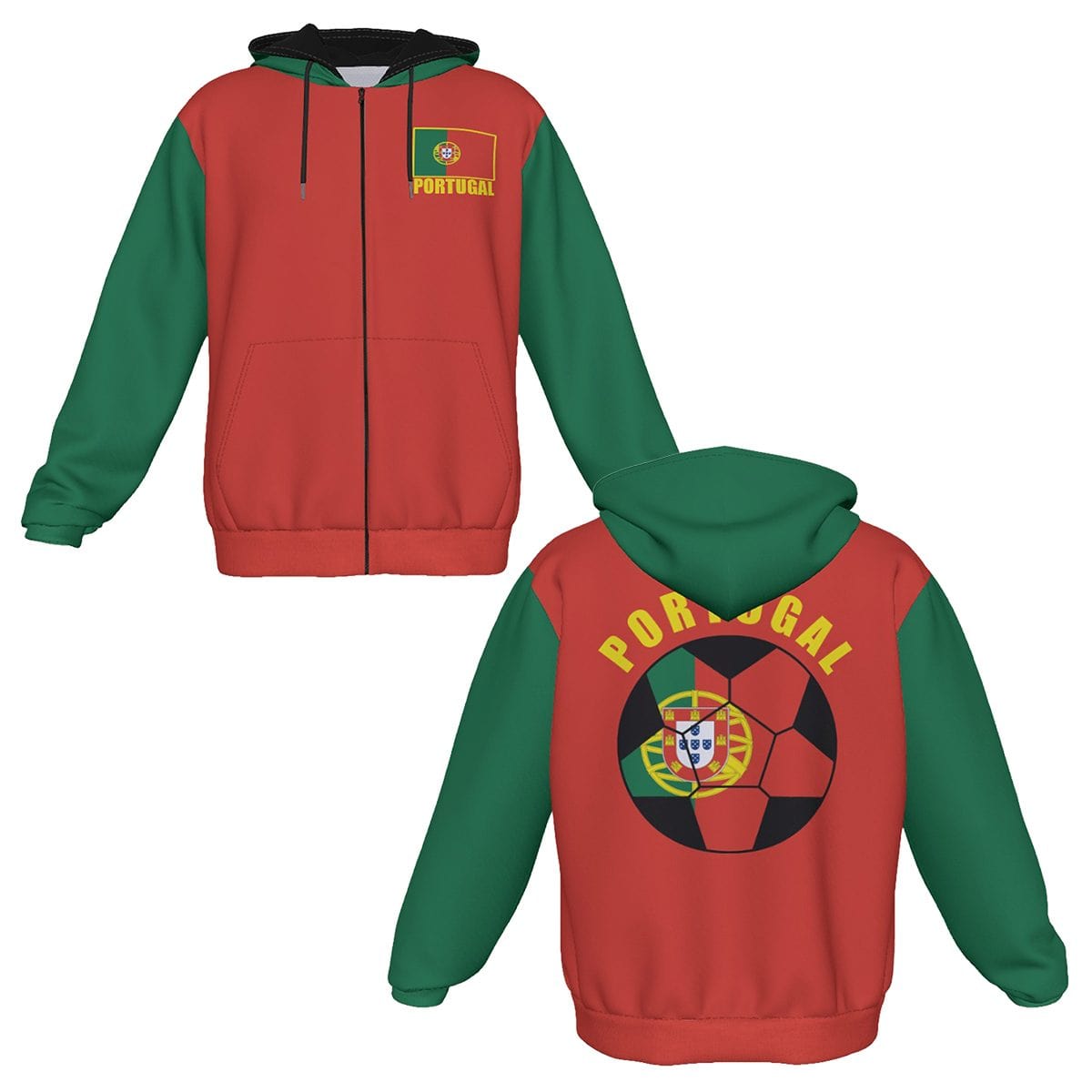 Portugal Unisex Football Fan Zip Hoodie Front and Back