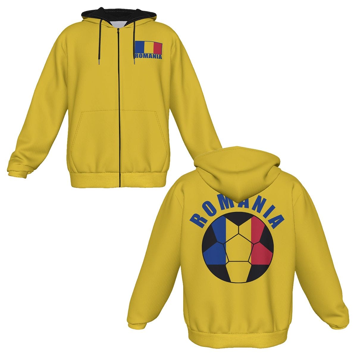 Romania Unisex Football Fan Zip Hoodie Front and Back