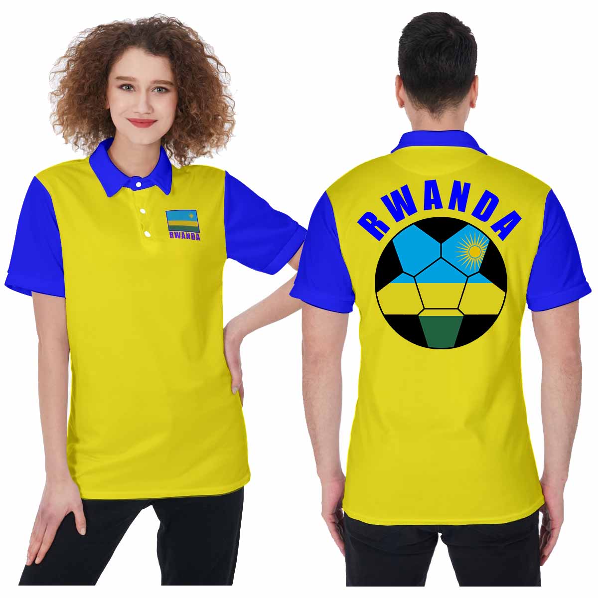 Rwanda Unisex Football Fan Polo Shirt Front and Back