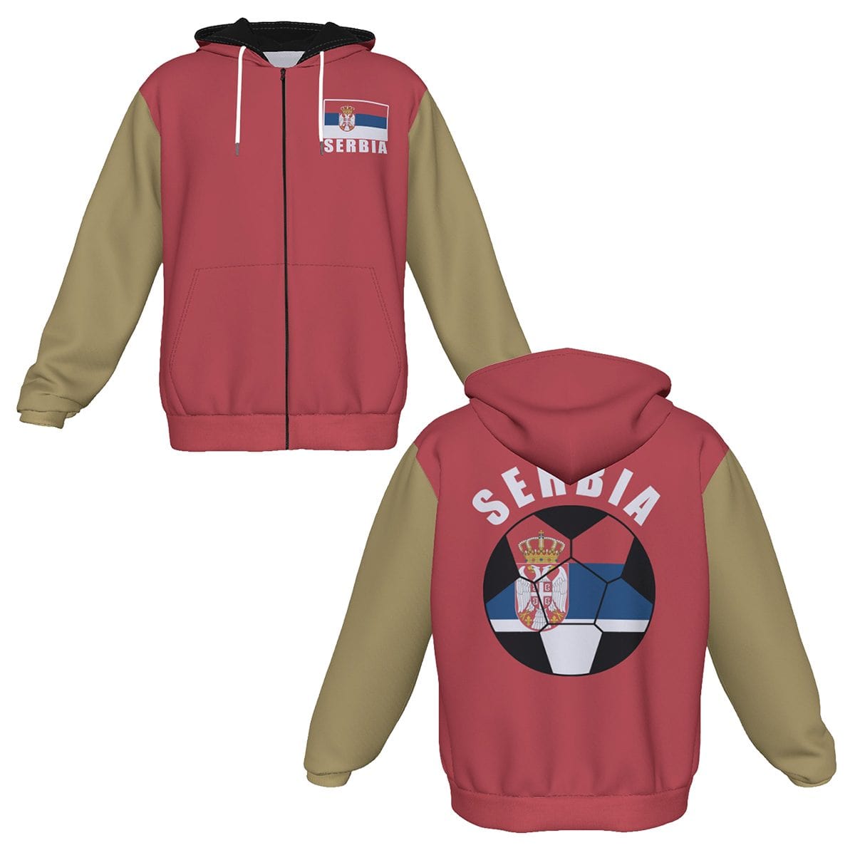 Serbia Unisex Football Fan Zip Hoodie Front and Back