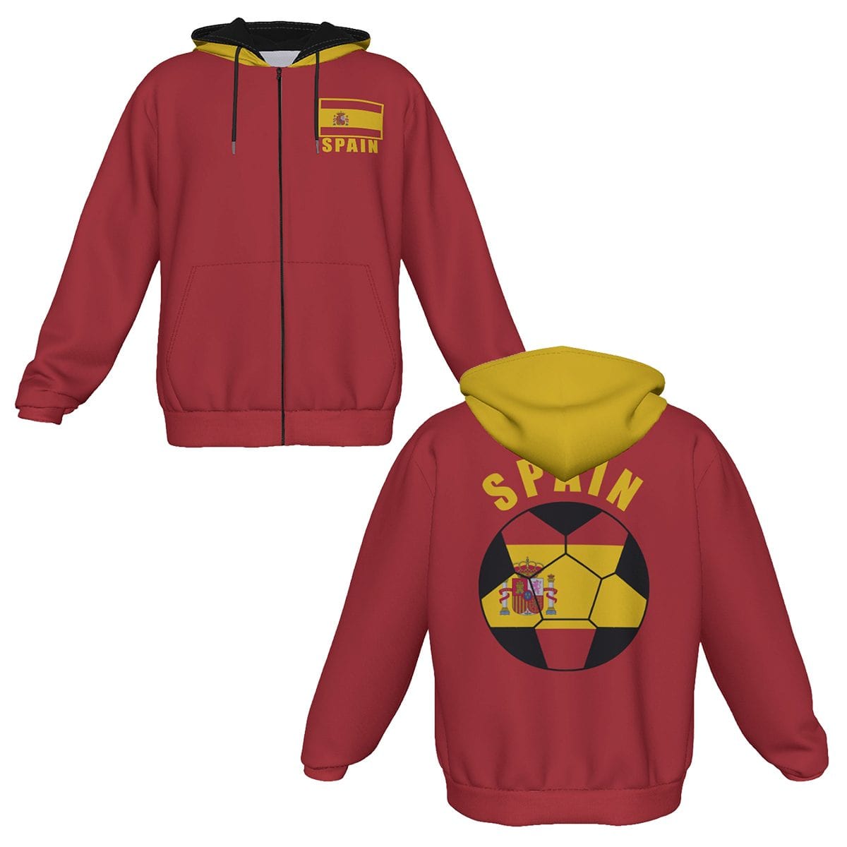 Spain Unisex Football Fan Zip Hoodie Front and Back