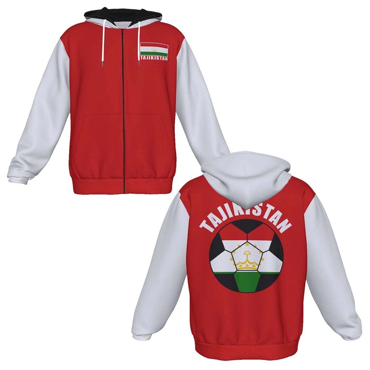 Tajikistan Unisex Football Fan Zip Hoodie Front and Back