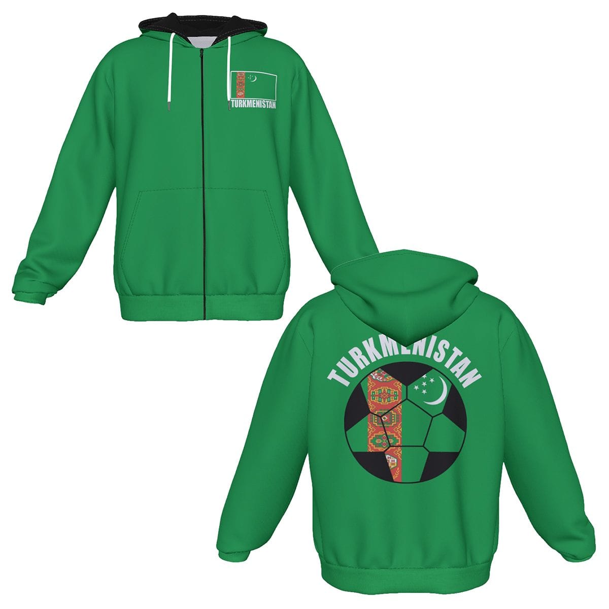 Turkmenistan Unisex Football Fan Zip Hoodie Front and Back