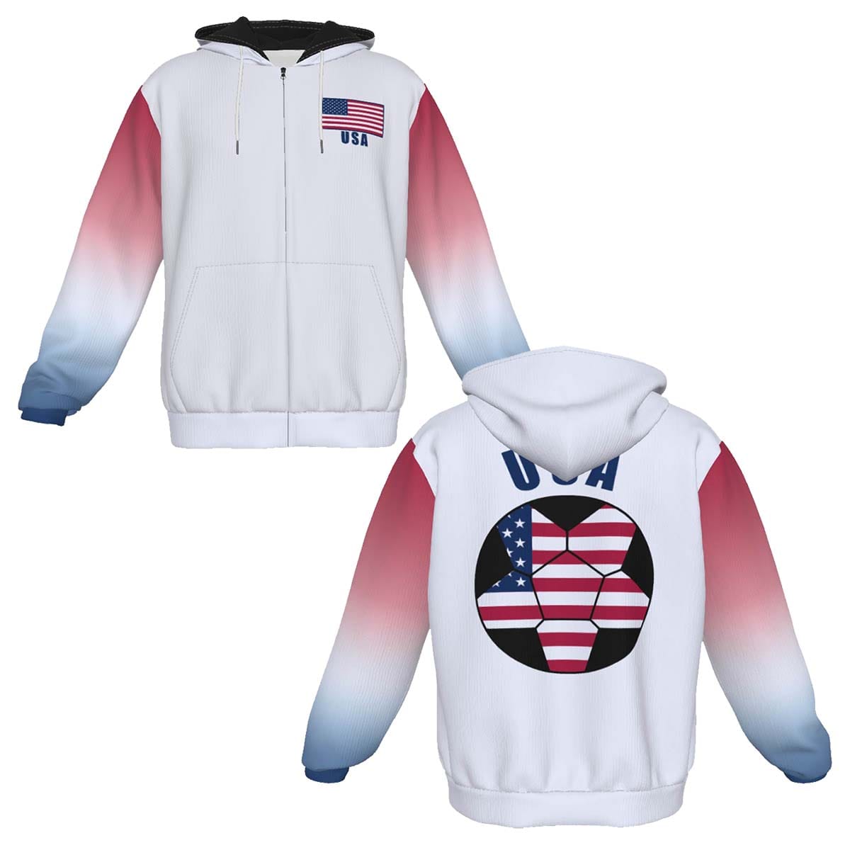 USA Unisex Football Fan Zip Hoodie Front and Back