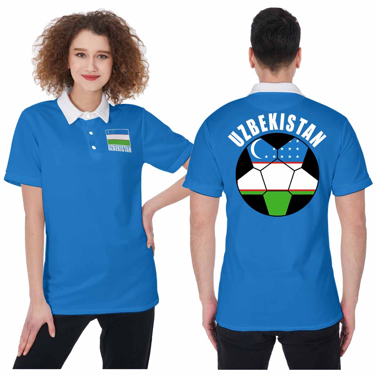 Uzbekistan Unisex Football Fan Polo Shirt Front and Back