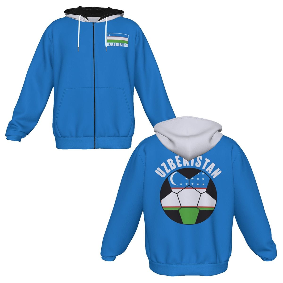 Uzbekistan Unisex Football Fan Zip Hoodie Front and Back