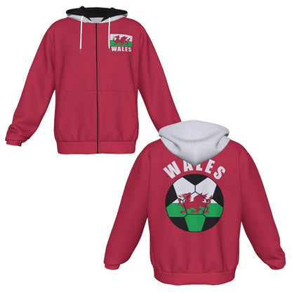 Wales Unisex Football Fan Zip Hoodie Front and Back